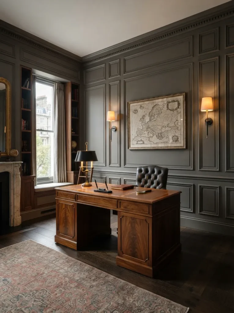 Neoclassical Wall Paneling - 19 Masculine Home Office Ideas That Feel Stylish and Refined