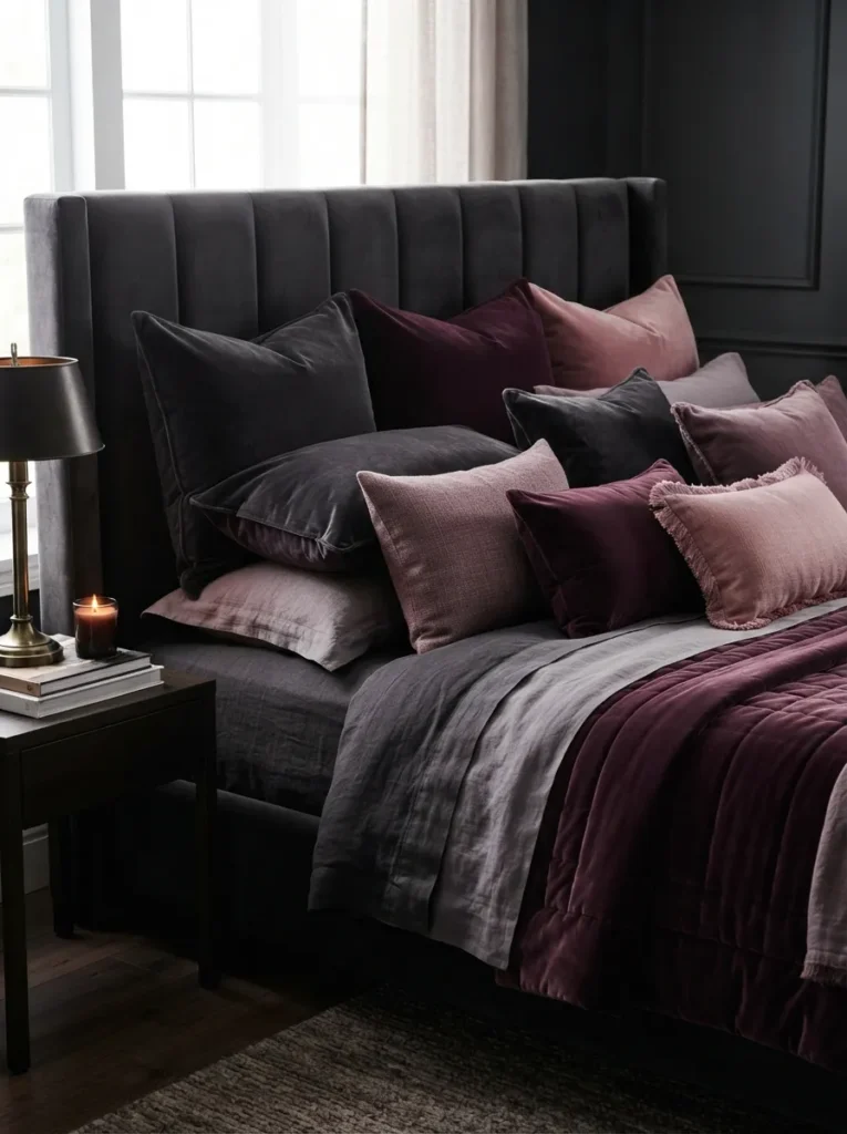 Oversized Coordinating Pillows - 19 Dark Feminine Bedroom Ideas That Feel Luxe and Moody