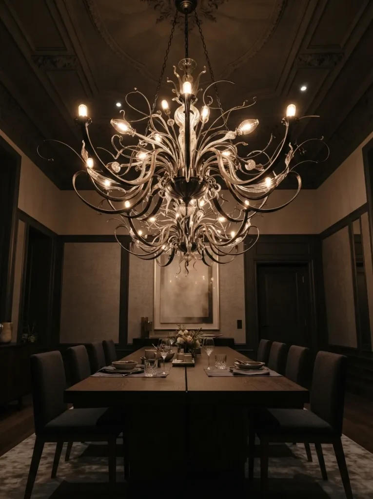 Oversized Drama Chandelier - 20 Moody Dining Room Ideas That Feel Bold and Inviting