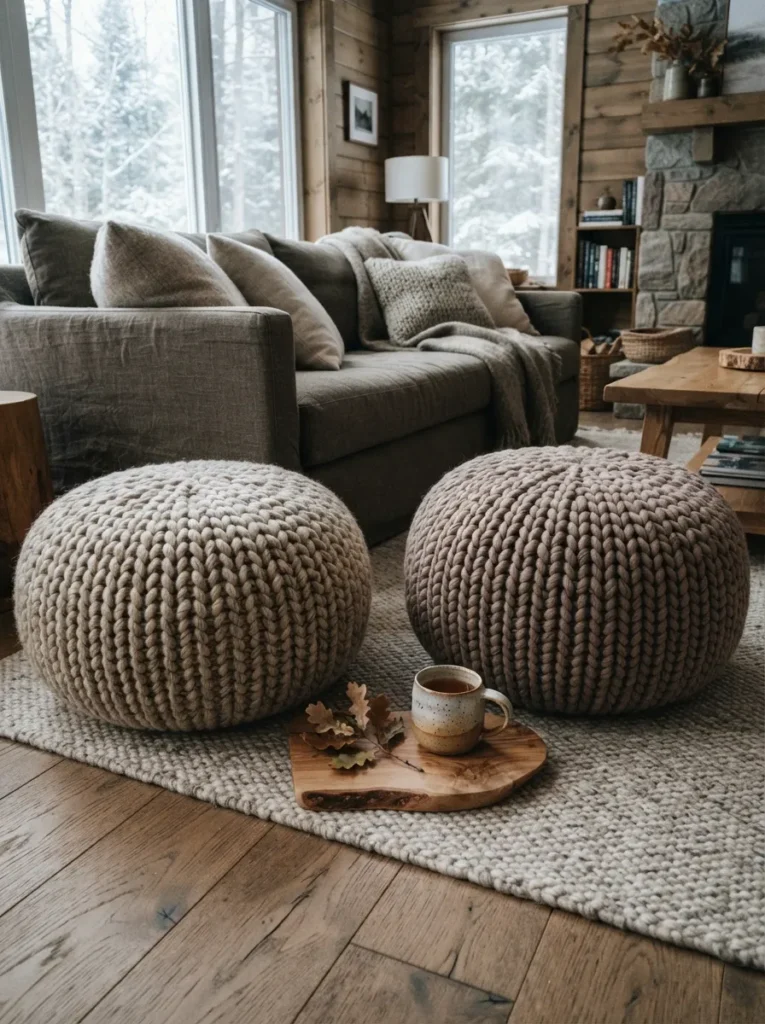 Oversized Knit Poufs - 25 Modern Rustic Living Room Ideas That Feel So Cozy