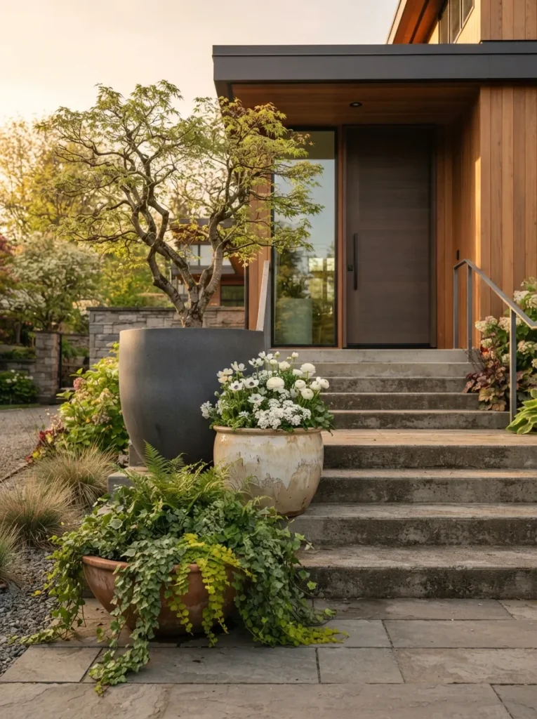 Oversized Layered Planters - 17 Spring Front Door Decor Ideas to Welcome Spring