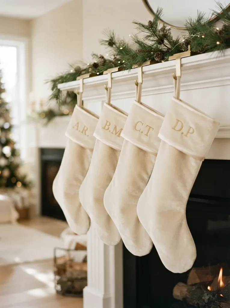 Personalized Gold Stockings - 20 Christmas Mantel Ideas to Make Your Home Feel Cozy