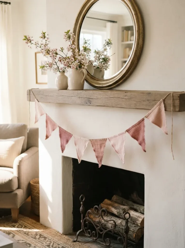 Pink Bunting Drape For Spring Mantel Decor Ideas - 22 Spring Mantel Decor Ideas for a Fresh Seasonal Look