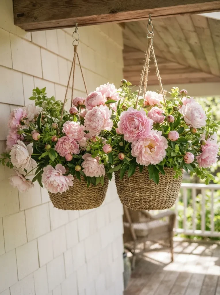 Pink Peony Baskets - 22 Spring Front Porch Decor Ideas to Welcome the Season