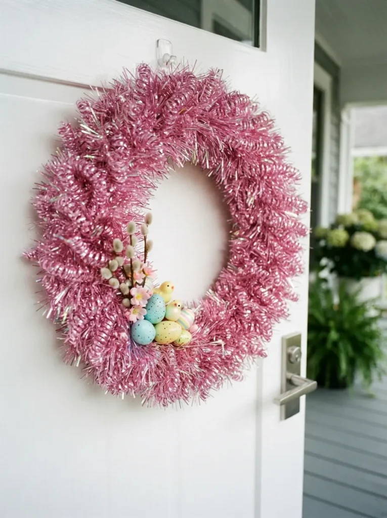 Pink Tinsel Wreath - 18 Easter Wreath Ideas for a Charming Front Door Look