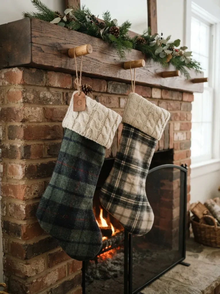 Plaid Stocking Pairing - 20 Christmas Mantel Ideas to Make Your Home Feel Cozy