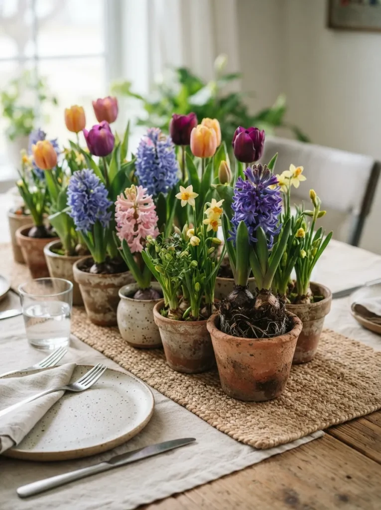 Potted Bulb Centerpiece - 21 Spring Tablescapes to Make Your Table Feel Fresh