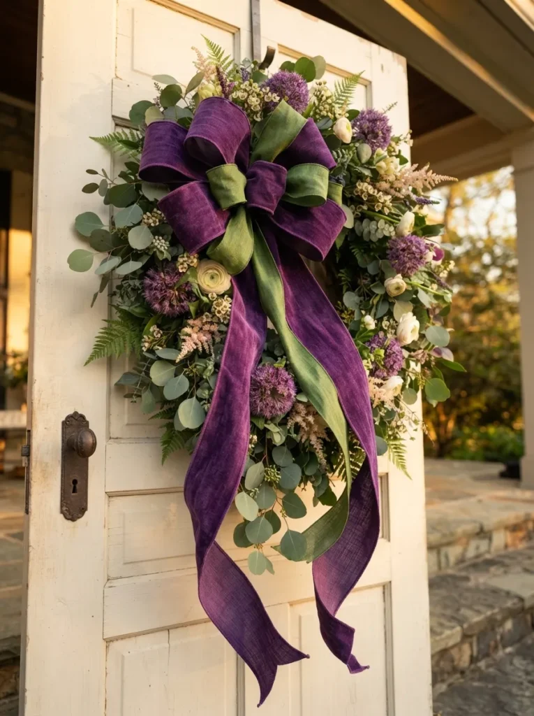Purple Green Oversized Ribbon - 19 Spring Wreath Ideas for a Beautiful Front Door
