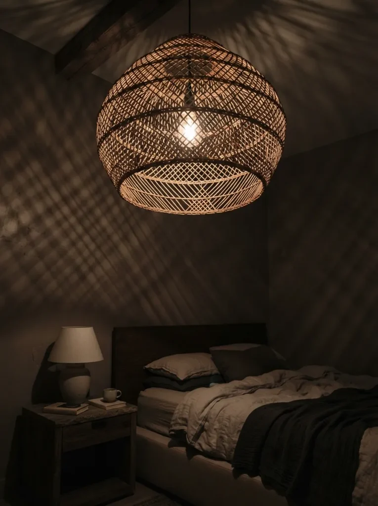 Rattan Light Fixture - 19 Dark Feminine Bedroom Ideas That Feel Luxe and Moody