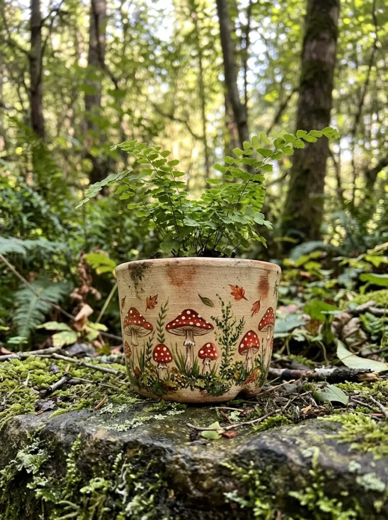 Red-Capped Mushroom Scene - 18 Pot Painting Ideas for a Fun Creative Home Project