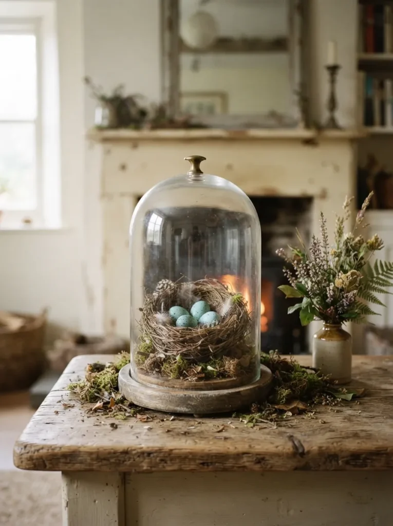 Robin's Nest Cloche - 21 Year Round Mantle Decor Ideas for a Timeless Look