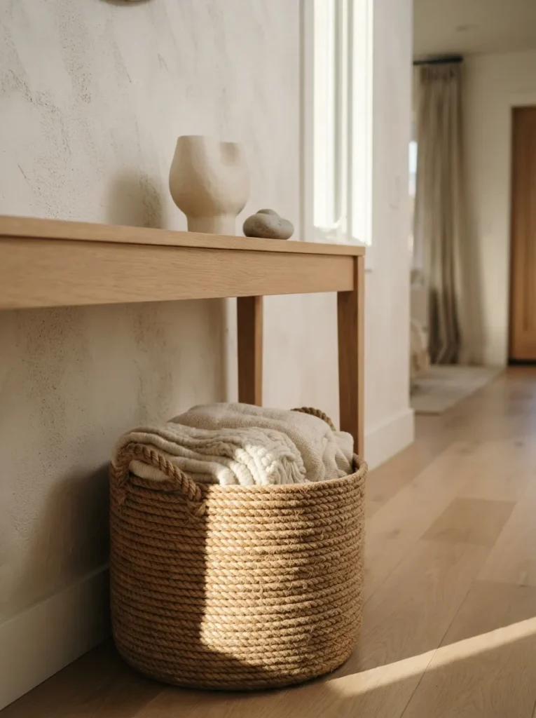 Rope Basket Console - 19 Contemporary Coastal Living Room Ideas for 2026