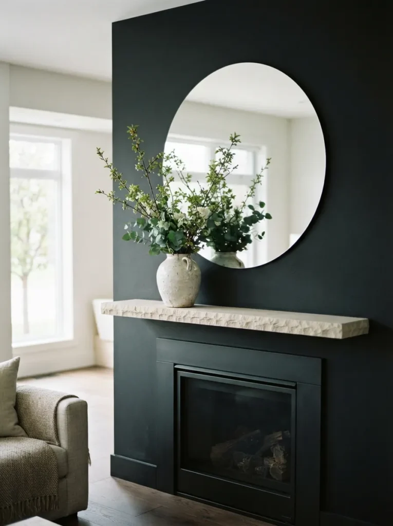 Round Mirror Dark Wall - 22 Spring Mantel Decor Ideas for a Fresh Seasonal Look