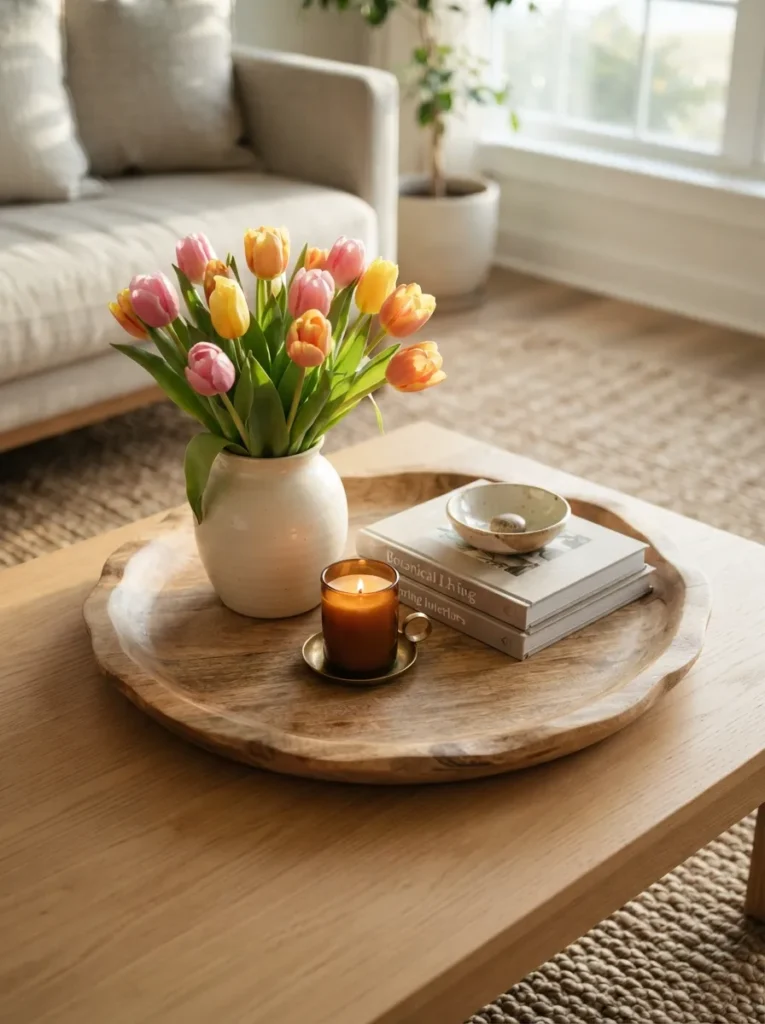 Round Wooden Tray - 21 Spring Home Decor Ideas for a Fresh Seasonal Look