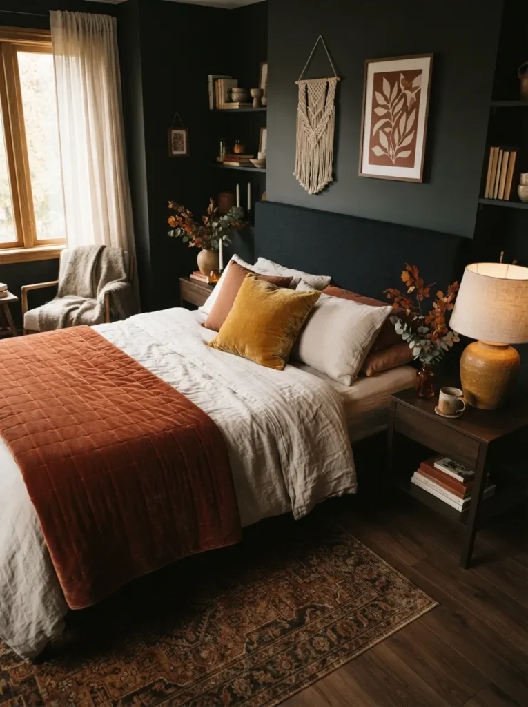 Rust Mustard Accents - 19 Dark Feminine Bedroom Ideas That Feel Luxe and Moody