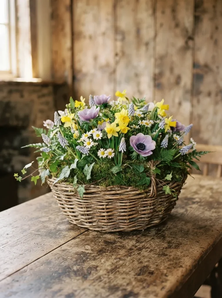 Rustic Basket Arrangement - 17 Easter Flower Arrangements That Feel Fresh & Easy