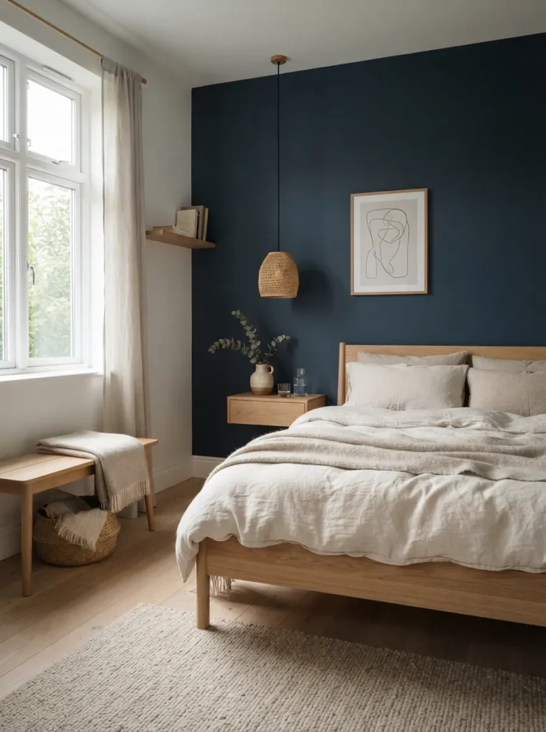 Scandinavian Wood Pairing - 18 Dark Blue Bedroom Ideas for a Cozy Moody Retreat