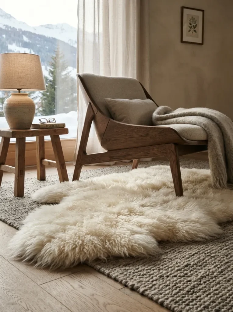Sheepskin Accent Rug - 25 Modern Rustic Living Room Ideas That Feel So Cozy