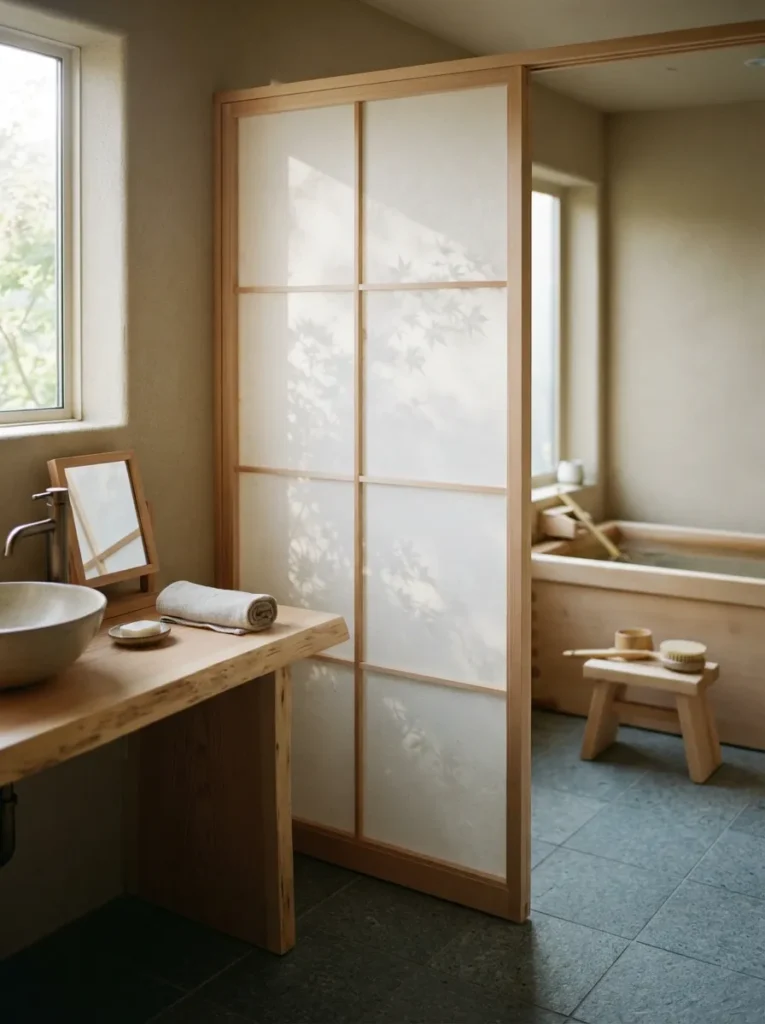 Shoji Screen Divider - 18 Japandi Bathroom Design Ideas for a Calm Modern Space