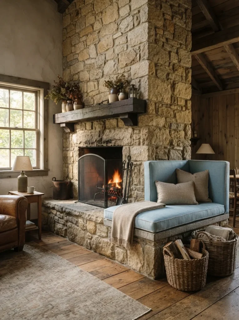Sky Blue Bench For Stone Fireplace - 18 Stone Fireplace Ideas for a Warm Rustic Home