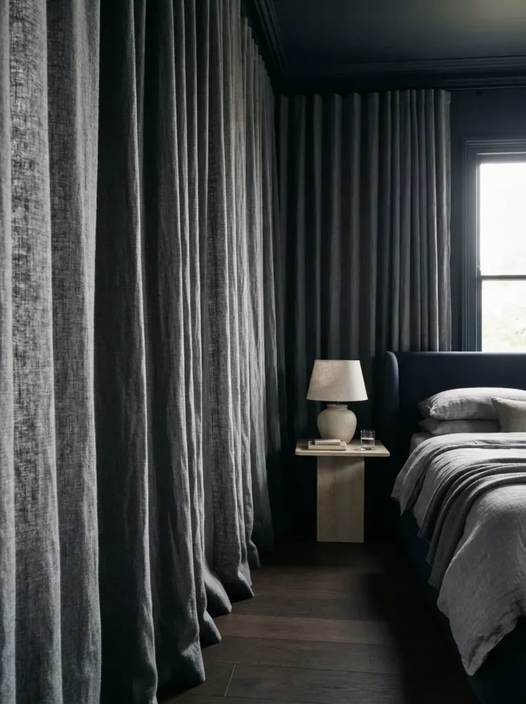 Slate-Gray Curtains - 18 Dark Blue Bedroom Ideas for a Cozy Moody Retreat