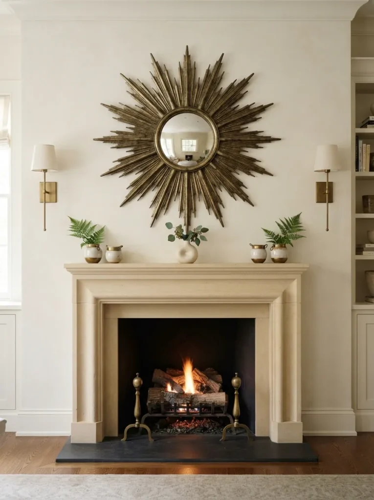 Starburst Mirror Focal For Year Round Mantle Decor - 21 Year Round Mantle Decor Ideas for a Timeless Look