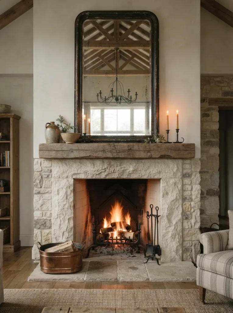 Tall Mantel Mirror - 18 Stone Fireplace Ideas for a Warm Rustic Home