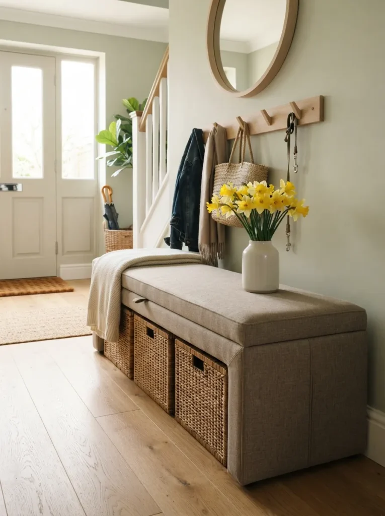 Taupe Storage Bench - 21 Spring Home Decor Ideas for a Fresh Seasonal Look