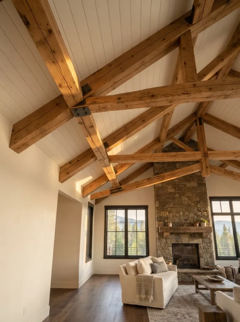 Timber Beamed Ceiling - 25 Modern Rustic Living Room Ideas That Feel So Cozy