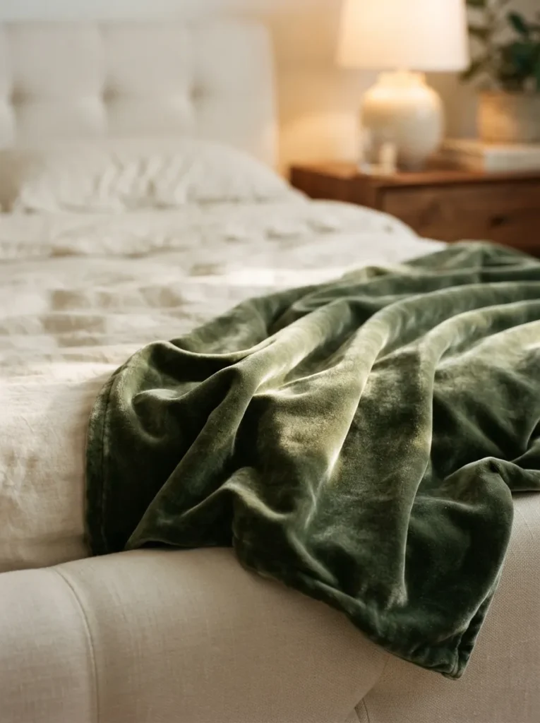 Velvet Throw Texture - 22 Sage Green Bedroom Ideas for a Calm Modern Retreat