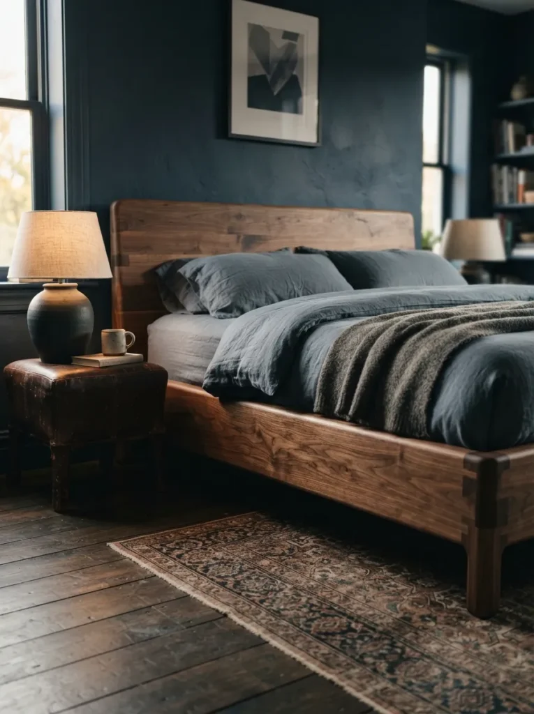 Walnut Bed Frame - 18 Dark Blue Bedroom Ideas for a Cozy Moody Retreat