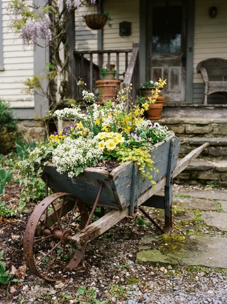 Wheelbarrow Planter - 17 Rustic Spring Decor Ideas for a Cozy Farmhouse Feel