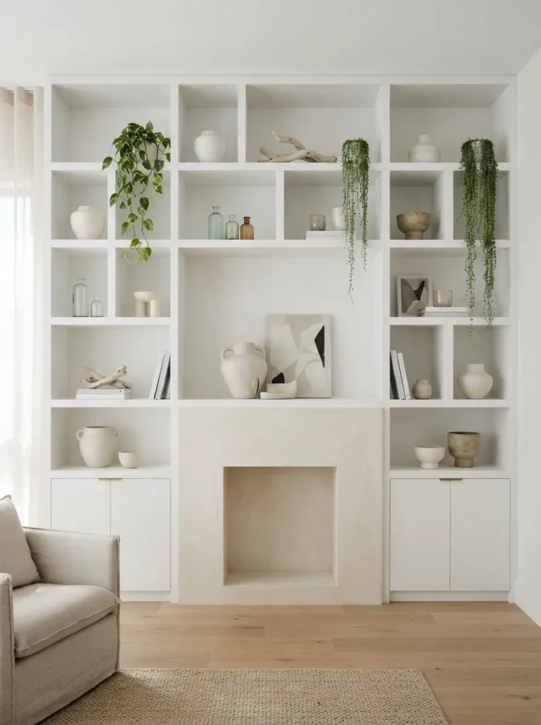 White Built-In Shelving - 19 Contemporary Coastal Living Room Ideas for 2026
