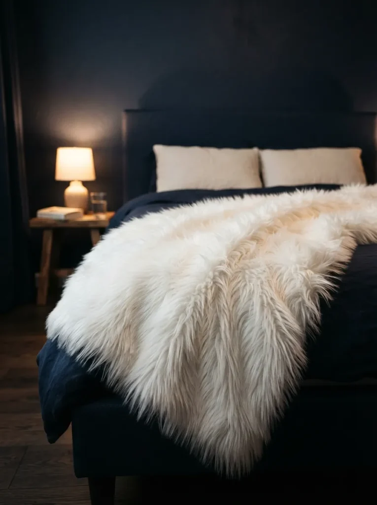 White Faux Fur Blanket - 18 Dark Blue Bedroom Ideas for a Cozy Moody Retreat