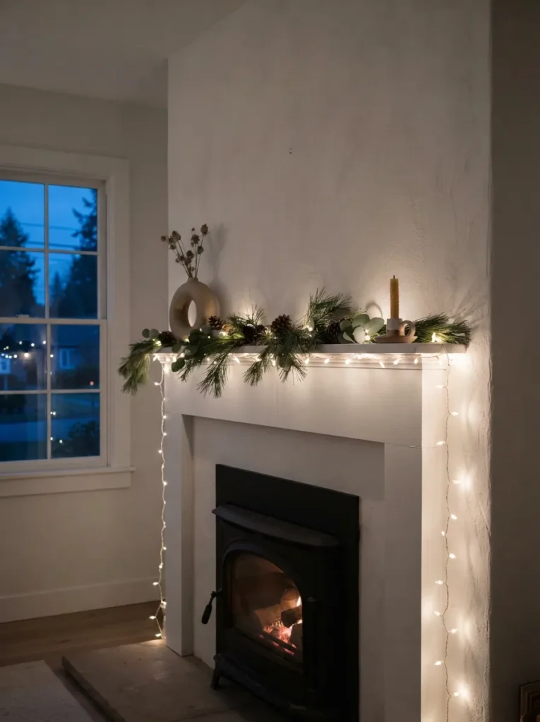 Wired White Lights - 20 Christmas Mantel Ideas to Make Your Home Feel Cozy