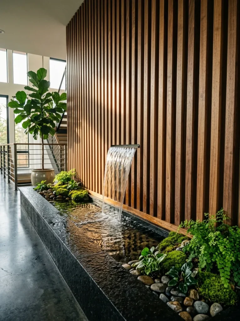Wood Slat Wall Pond - 15 Indoor Pond Ideas to Create a Peaceful Home Oasis