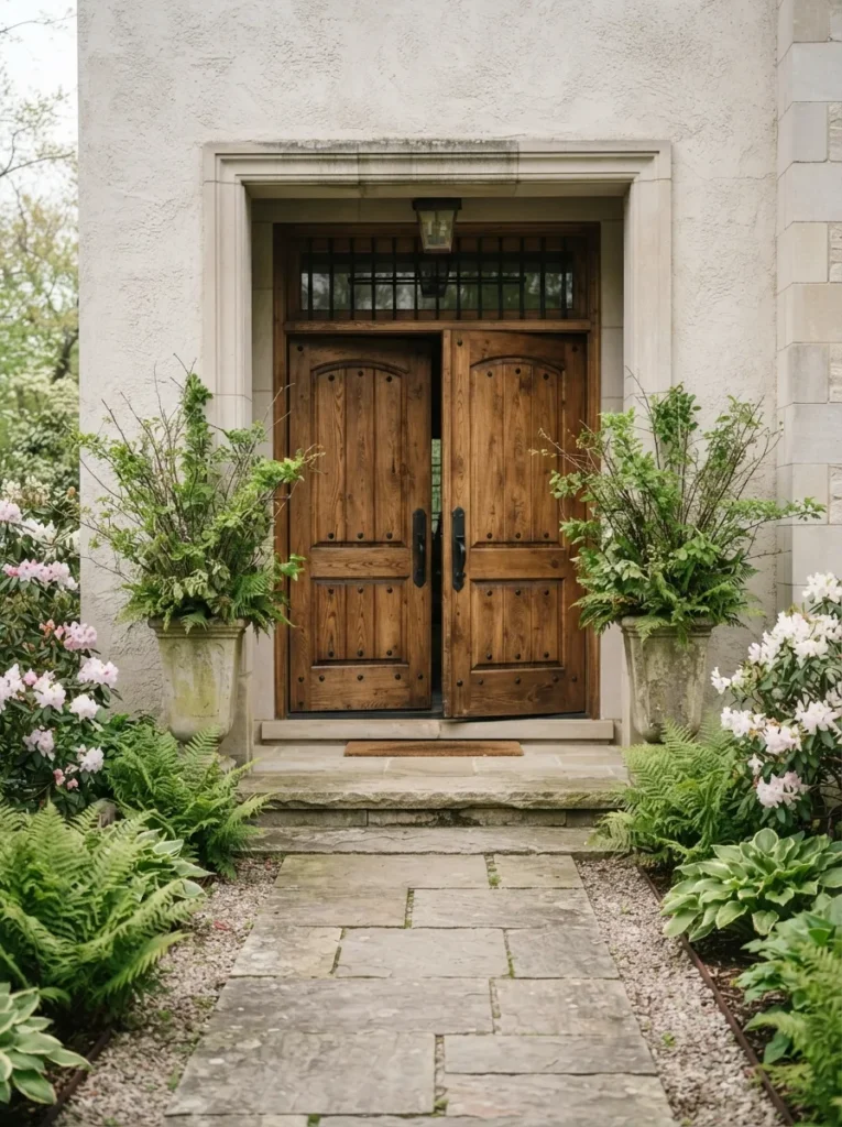 Wood Tone Double Doors - 17 Spring Front Door Decor Ideas to Welcome Spring