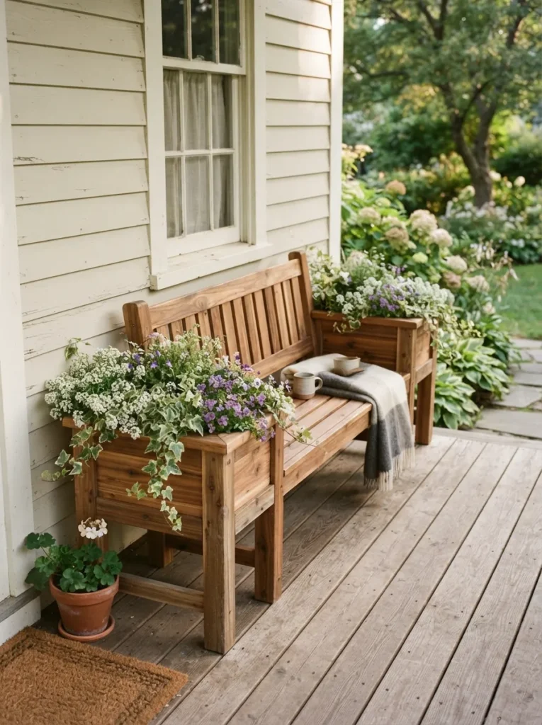 Wooden Bench Planters - 22 Spring Front Porch Decor Ideas to Welcome the Season