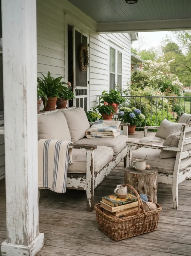 Worn White Furniture - 22 Spring Front Porch Decor Ideas to Welcome the Season