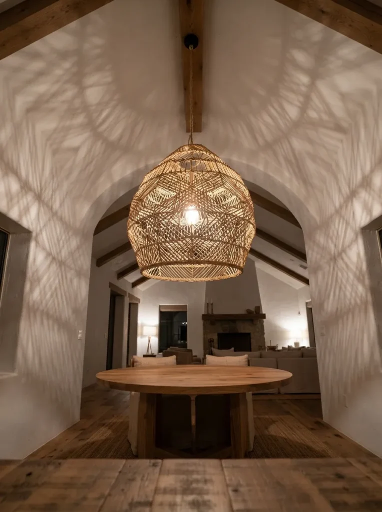 Woven Pendant Overhead - 25 Modern Rustic Living Room Ideas That Feel So Cozy