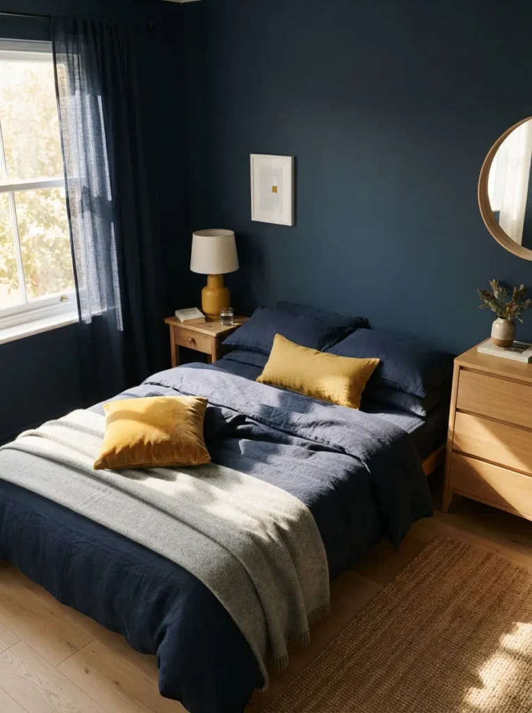 Yellow Accent Pops - 18 Dark Blue Bedroom Ideas for a Cozy Moody Retreat