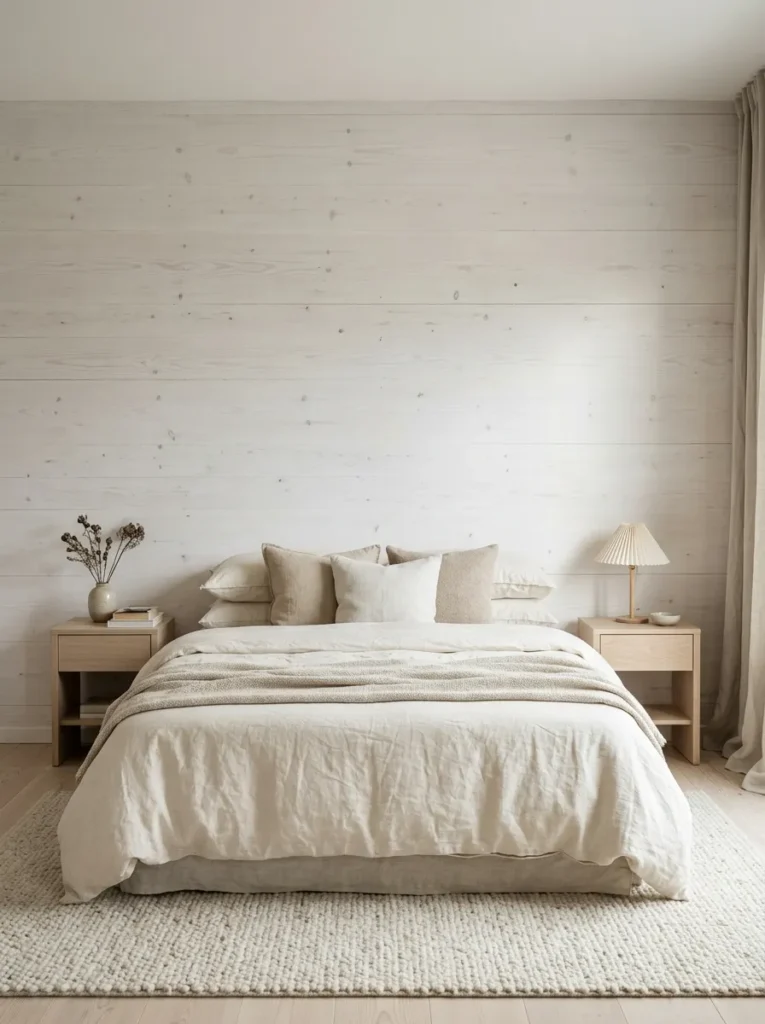 Whitewashed Wood Walls For Scandinavian Bedroom 